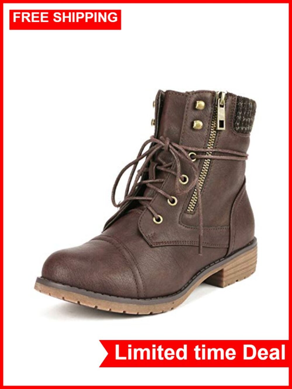 Lace Up Combat Boots Faux Leather Ankle Booties Low Stacked Heel